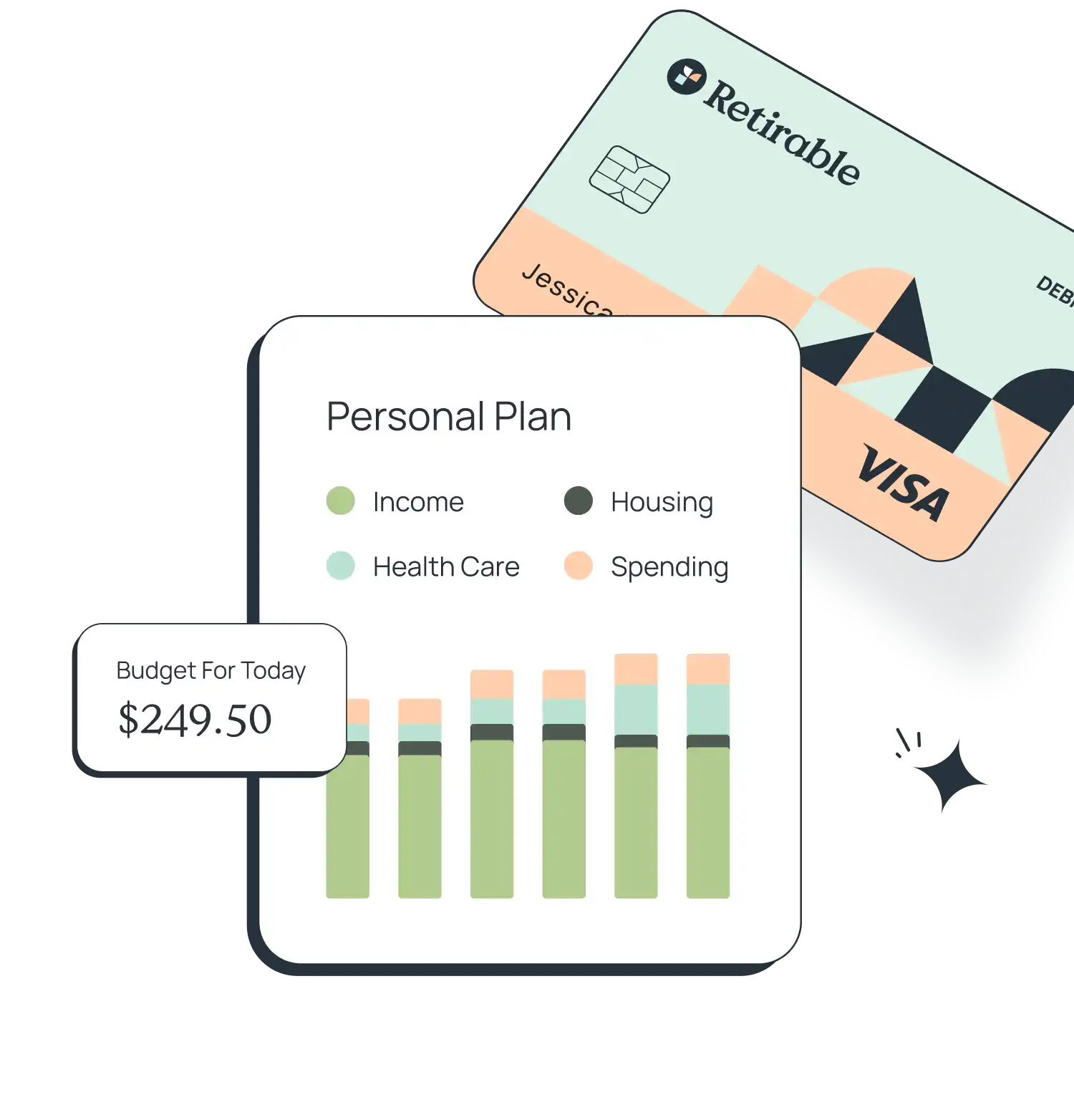 Retirable spend card with income bar chart