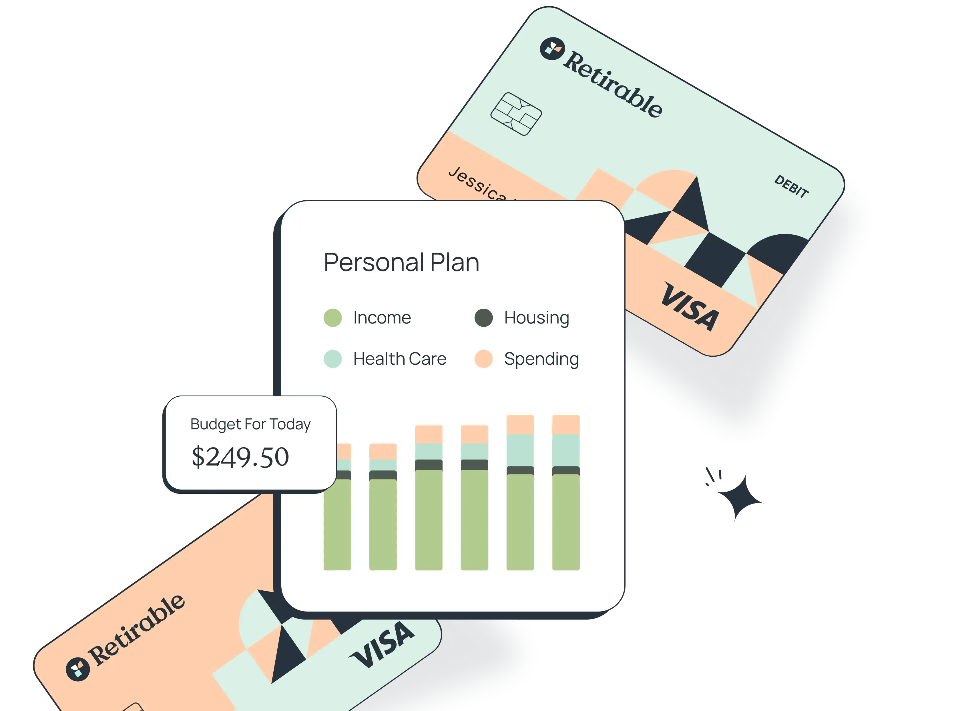 Retirable spend card with income bar chart